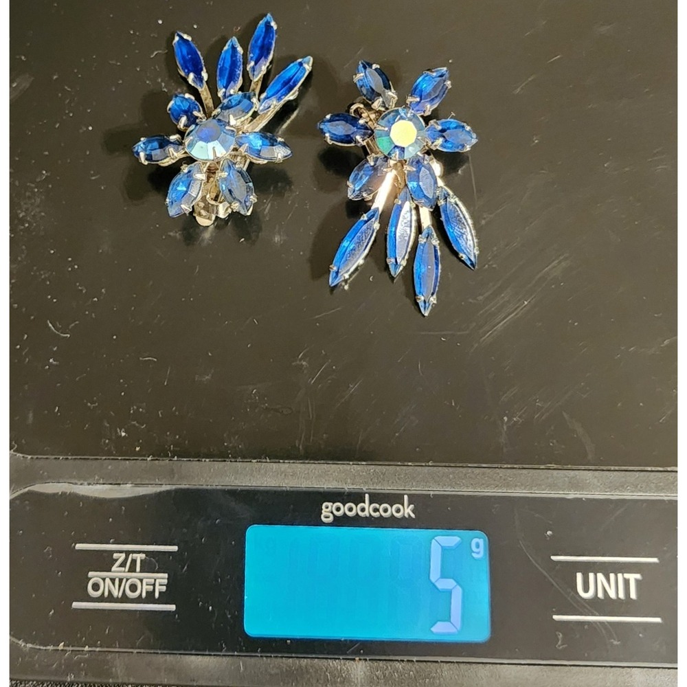 VTG Judy Lee Sapphire Blue Aurora Borealis Crystal Flower Clip On Earrings - Picture 6 of 6